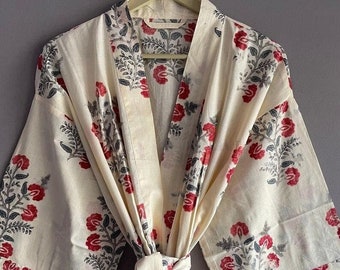 Cotton Kimono Robe Dressing Gown, Block Print Bridesmaid Robe, Summer Nightwear, One Size