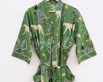 Green 100% Cotton Indian Beach Kimono Robe ,Kimono Robe,Cotton Robe,Shower Robe, Maternity Robe Bath robe Dressing Gown Beachwear long/short