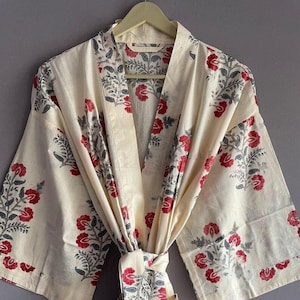 Bata de bata de kimono de algodón, bata de dama de honor con estampado de bloques, ropa de dormir de verano, talla única 01