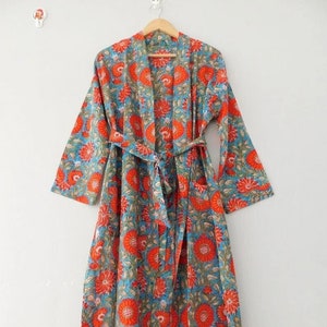 Bata de bata de kimono de algodón, bata de dama de honor con estampado de bloques, ropa de dormir de verano, talla única 02