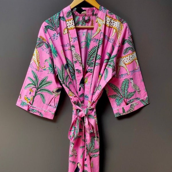 PINK Safari Print Cotton kimono Robe, Bath robes, House Coat Robe, Beach Cover Up, Lounge Wear, Casual wear