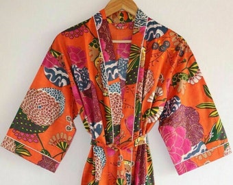 Tropical Print Robe, bridesmaid kimono robe, floral kimono, Beautiful bridal kimono, Indian floral gown, Indian floral robe, printed organic