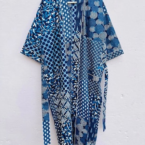 Bata de bata de kimono de algodón, bata de dama de honor con estampado de bloques, ropa de dormir de verano, talla única 08