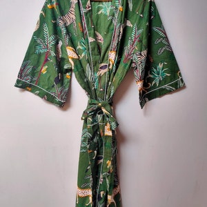 Bata de bata de kimono de algodón, bata de dama de honor con estampado de bloques, ropa de dormir de verano, talla única 09