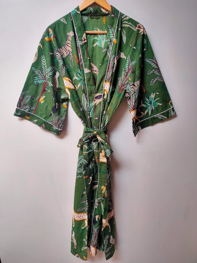 Bata de bata de kimono de algodón, bata de dama de honor con estampado de bloques, ropa de dormir de verano, talla única 09