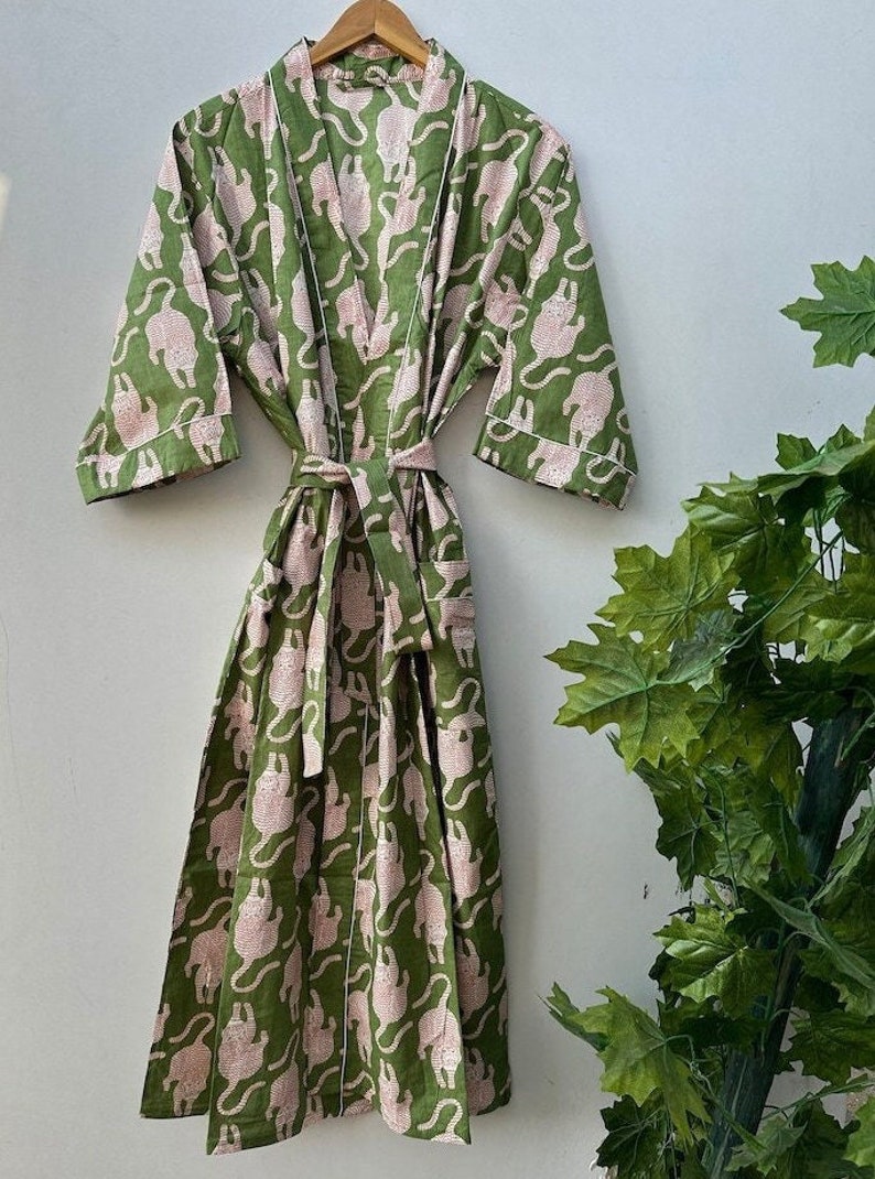 Bata de bata de kimono de algodón, bata de dama de honor con estampado de bloques, ropa de dormir de verano, talla única imagen 3