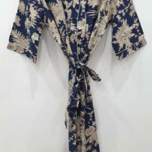 Bata de bata de kimono de algodón, bata de dama de honor con estampado de bloques, ropa de dormir de verano, talla única 07