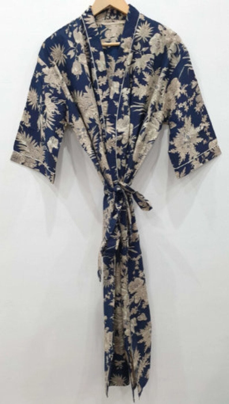 Bata de bata de kimono de algodón, bata de dama de honor con estampado de bloques, ropa de dormir de verano, talla única 07