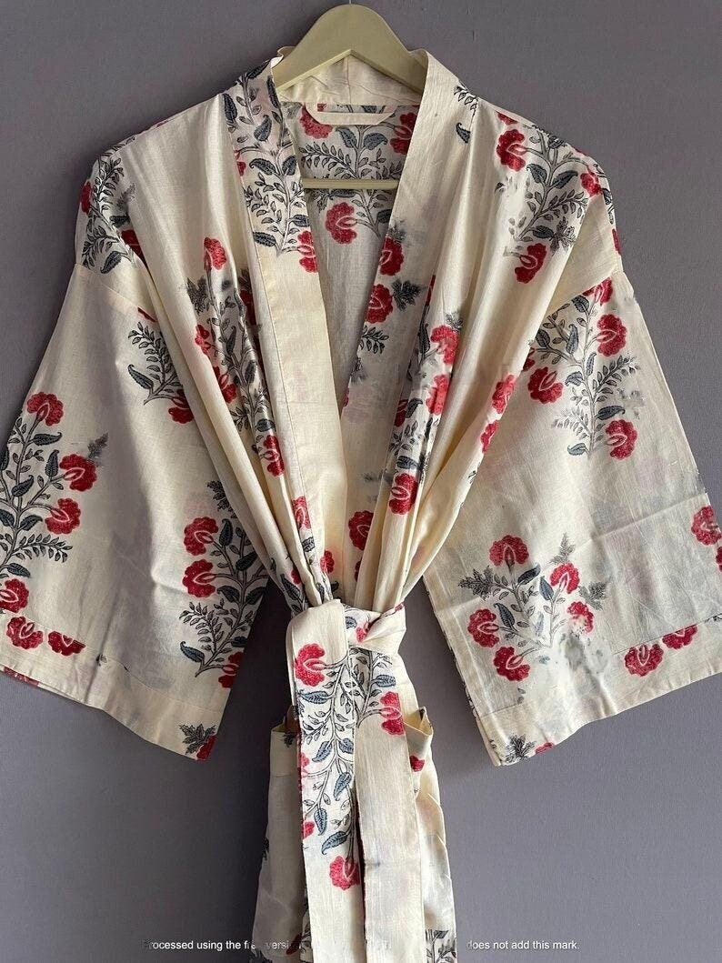 Bata de bata de kimono de algodón, bata de dama de honor con estampado de bloques, ropa de dormir de verano, talla única 01