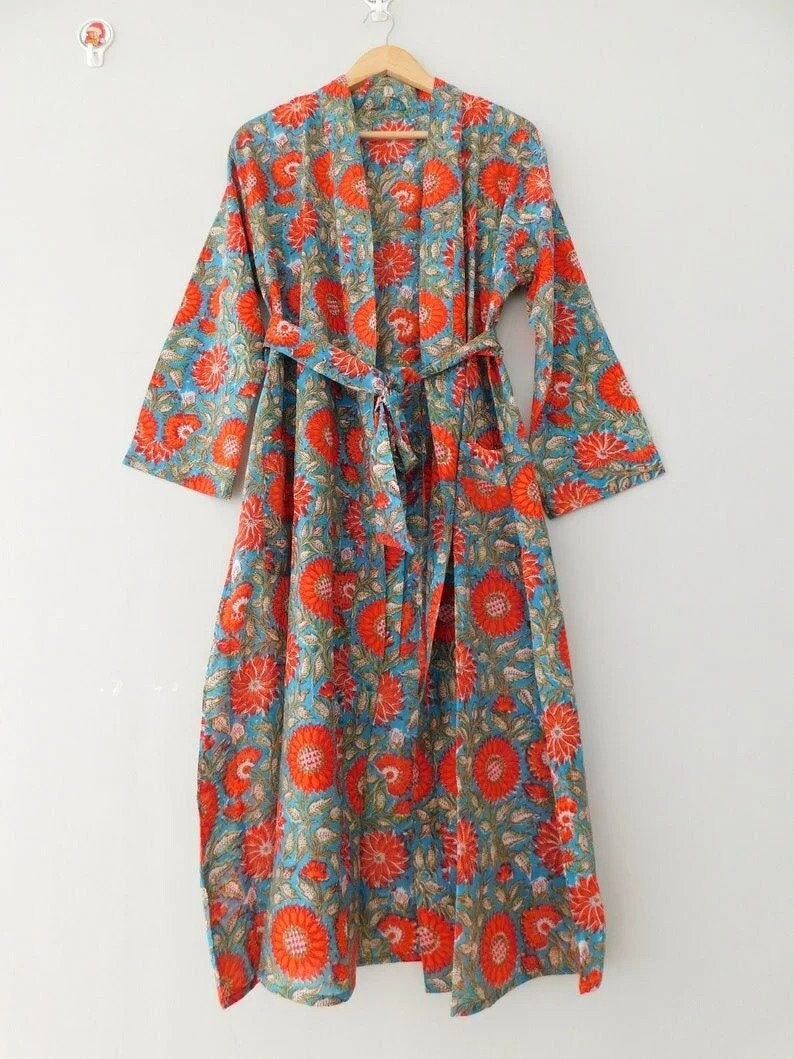 Bata de bata de kimono de algodón, bata de dama de honor con estampado de bloques, ropa de dormir de verano, talla única 02