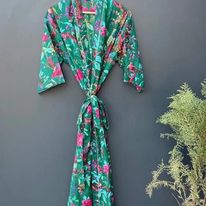 Bata de bata de kimono de algodón, bata de dama de honor con estampado de bloques, ropa de dormir de verano, talla única 04