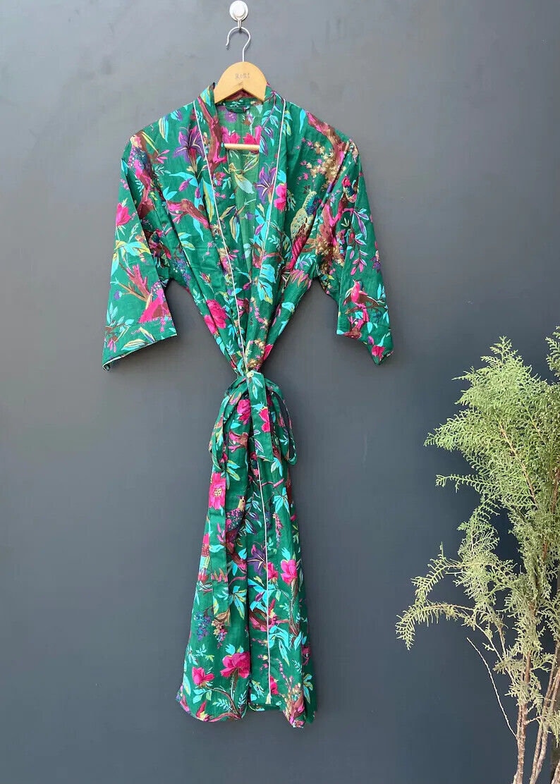 Bata de bata de kimono de algodón, bata de dama de honor con estampado de bloques, ropa de dormir de verano, talla única 04