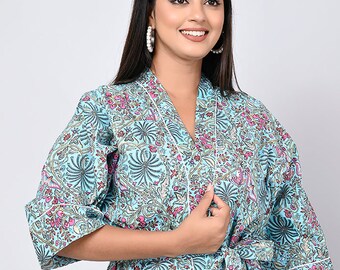 Peignoir d'intérieur indien 100 % coton imprimé kimono d'été | Robe de plage fleurie/maternité confortable printemps bleu turquoise eaux exotiques magie