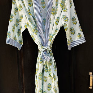 Cotton Kimono Robe Dressing Gown, Block Print Bridesmaid Robe, Summer Nightwear, One Size 05