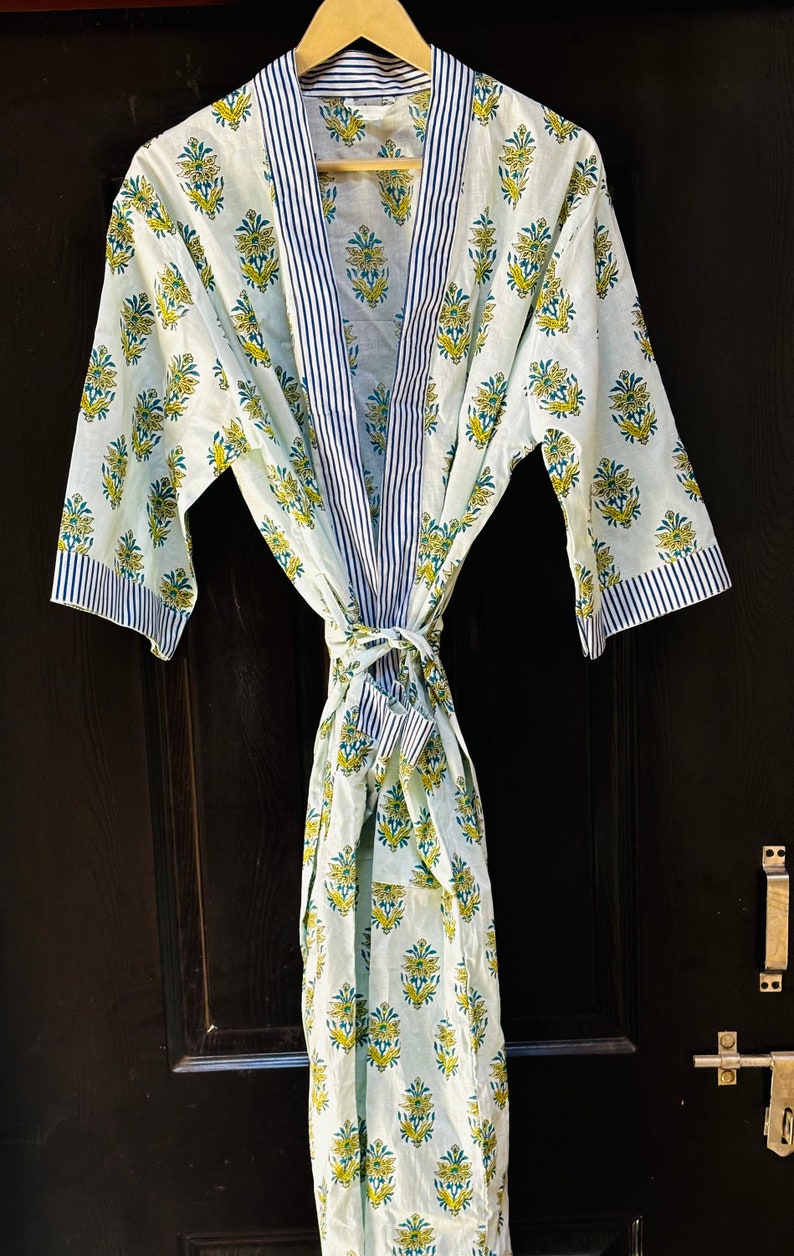 Bata de bata de kimono de algodón, bata de dama de honor con estampado de bloques, ropa de dormir de verano, talla única 05