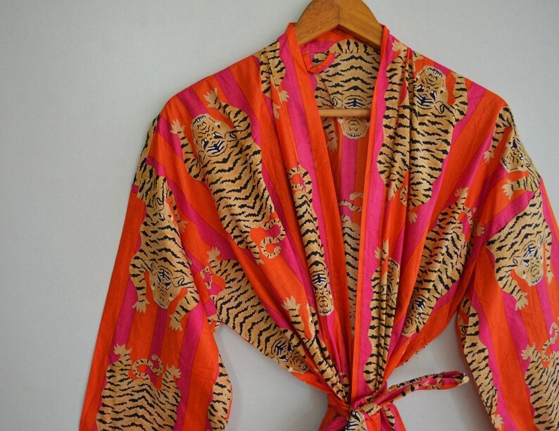 Nouvelle robe kimono à imprimé animal, kimono indien en coton doux, kimono japonais, tenue de plage, robe de nuit, robe de demoiselle d'honneur 01