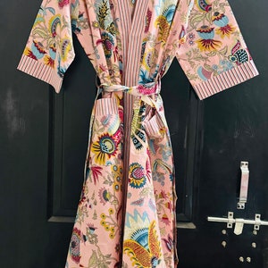Bata de bata de kimono de algodón, bata de dama de honor con estampado de bloques, ropa de dormir de verano, talla única 03