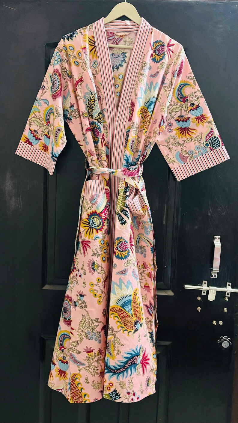 Bata de bata de kimono de algodón, bata de dama de honor con estampado de bloques, ropa de dormir de verano, talla única 03