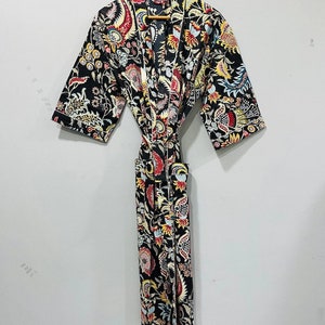 Bata de bata de kimono de algodón, bata de dama de honor con estampado de bloques, ropa de dormir de verano, talla única 06