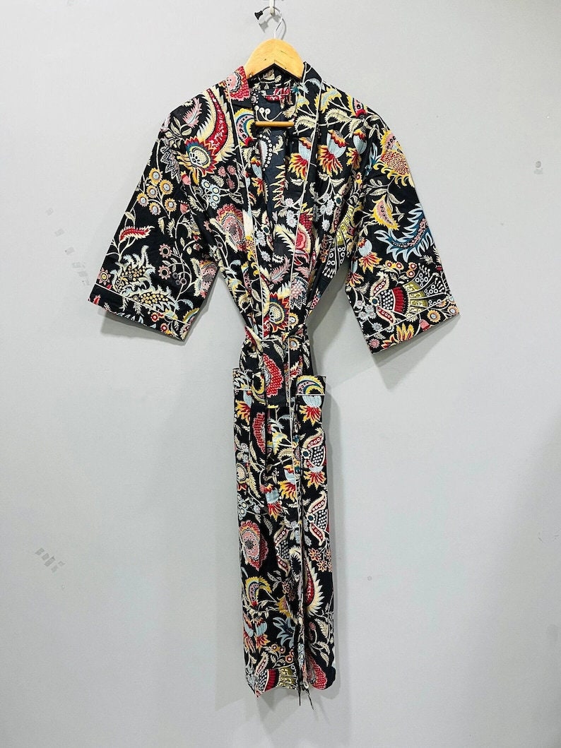 Cotton Kimono Robe Dressing Gown, Block Print Bridesmaid Robe, Summer Nightwear, One Size 06