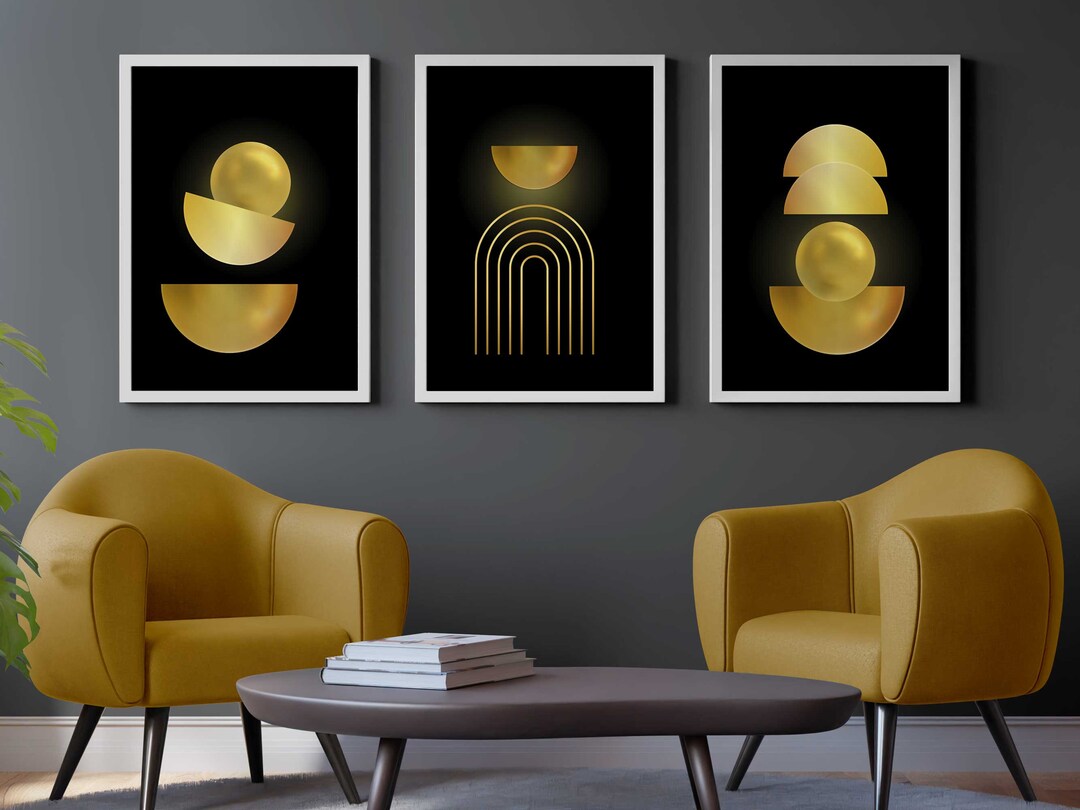 Black and Gold Boho Wall Art Set of 3, Minimalist Wall Art , Mid