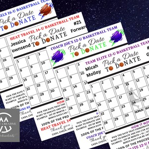 May include: Four different basketball team fundraising calendars with a black background and white grid. Each calendar has a team name, player name, and jersey number. The calendars are titled "Pick a Date to Donate".