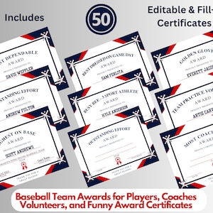 Baseball Team Awards, Editable Baseball Award Certificates, Award Ceremony Certificates, Printable Baseball awards, T-Ball Award, 50, FIFTY