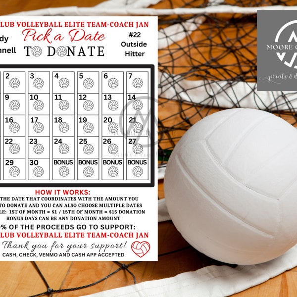 Volleyball Fundraiser Ideas| Pick a Date to Donate Printable, Volleyball Fundraiser Team Sports Volleyball Player Calendar, Template Sports
