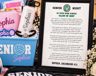 May include: A gift set featuring a light blue bin labeled Senior Sophia with a volleyball graphic, a white water bottle with the name Sophia, a pink striped pouch, a black beaded bracelet, and a framed poem titled Senior Night for Sophia Jacobson #11.