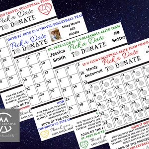 以下が含まれることがあります： バレーボールチーム向けの「Pick a Date to Donate」カードが4種類あります。各カードには、バレーボールのグラフィック、チーム名、選手名、背番号が記載されています。これらのカードは、チームの資金調達を支援するために設計されています。