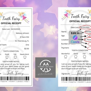 Reçu de la fée des dents, certificat imprimable, première dent perdue, reçus réalistes de la fée des dents, reçu de la fée des dents pour enfants, dent perdue