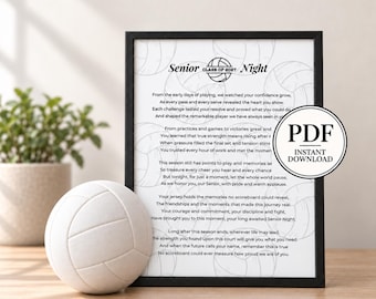 May include: A black-framed print featuring a volleyball-themed poem titled Senior Night Class of 2027, with a white background patterned with volleyball outlines. A white volleyball sits in front of the frame, which includes a PDF download badge.