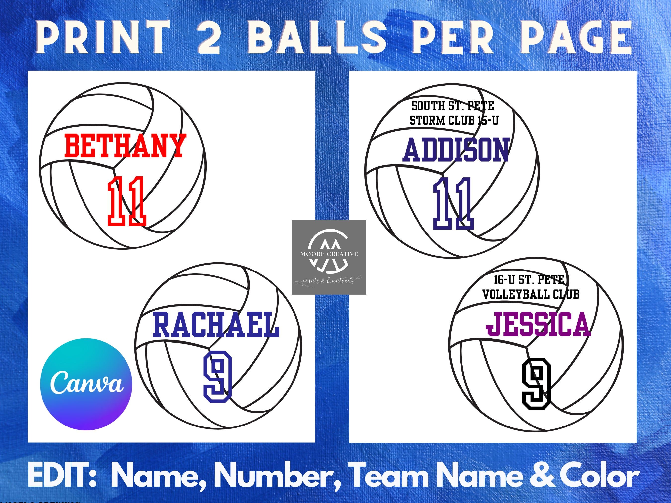 Volleyball Editable Names and Player Numbers 5", DIY Template Printable DIY Print at Home Volleyball Team Party Volleyball Download Gifts