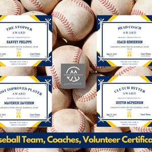Printable Editable Baseball Team End Of Season Award Certificates | Baseball T-Ball Team Party Awards Bundle | DIY Kids Award Template Bball