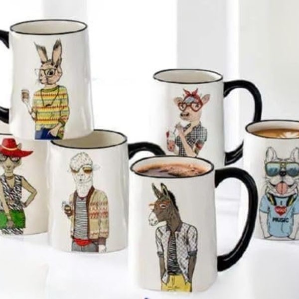 Hipster Animal Coffee Mugs, 17.5 oz. each, Special Feature, total 6pc, Free shipping