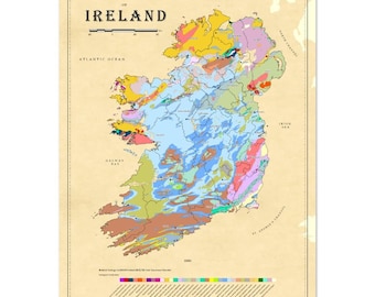 Pode incluir: Um mapa geológico da Irlanda, apresentando uma representação detalhada e codificada por cores das características geológicas da ilha. O mapa inclui o Oceano Atlântico, o Mar da Irlanda e o Canal de São Jorge. O título "Mapa Geológico da Irlanda" é exibido no topo.