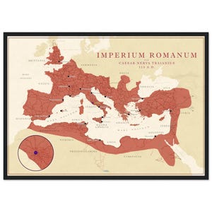 May include: A framed map depicting the Roman Empire in 115 A.D., with red highlighting the empire's boundaries on a beige backdrop. The map includes place names and the Latin text "IMPERIUM ROMANUM".