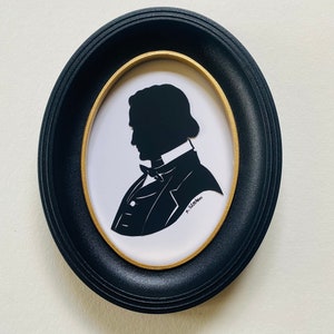 Edgar Allan Poe Hand Cut Silhouette  Framed in a 5x7” Plastic Oval