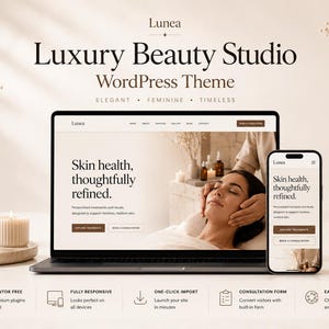 以下が含まれることがあります： Lunea Luxury Beauty Studio WordPress Themeというタイトルのウェブサイトを表示するノートパソコンとスマートフォン。画面にはSkin health, thoughtfully refinedというテキストと、フェイシャルトリートメントを受けている人物の写真が表示されています。