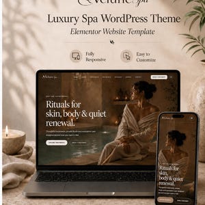 May include: A laptop and a smartphone displaying the Velune Spa website template. The screen shows a person in a robe by a pool with the text Rituals for skin, body & quiet renewal. The design features a neutral beige colour palette.