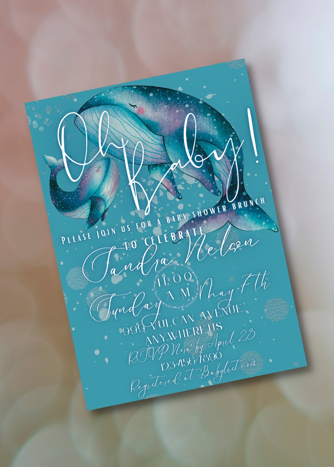 Mom and Baby Whale Baby Shower Invitation Digital Download Editable