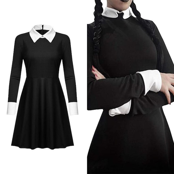 Wednesday Addams Halloween Dress I Black Classic Dress Addams Costume I Addams Family Halloween