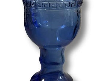 Vintage Corralejo Cobalt Blue Tequila Shot Glass, 1950s Pedestal Cordial Glass with Greek Key Design 4.5"