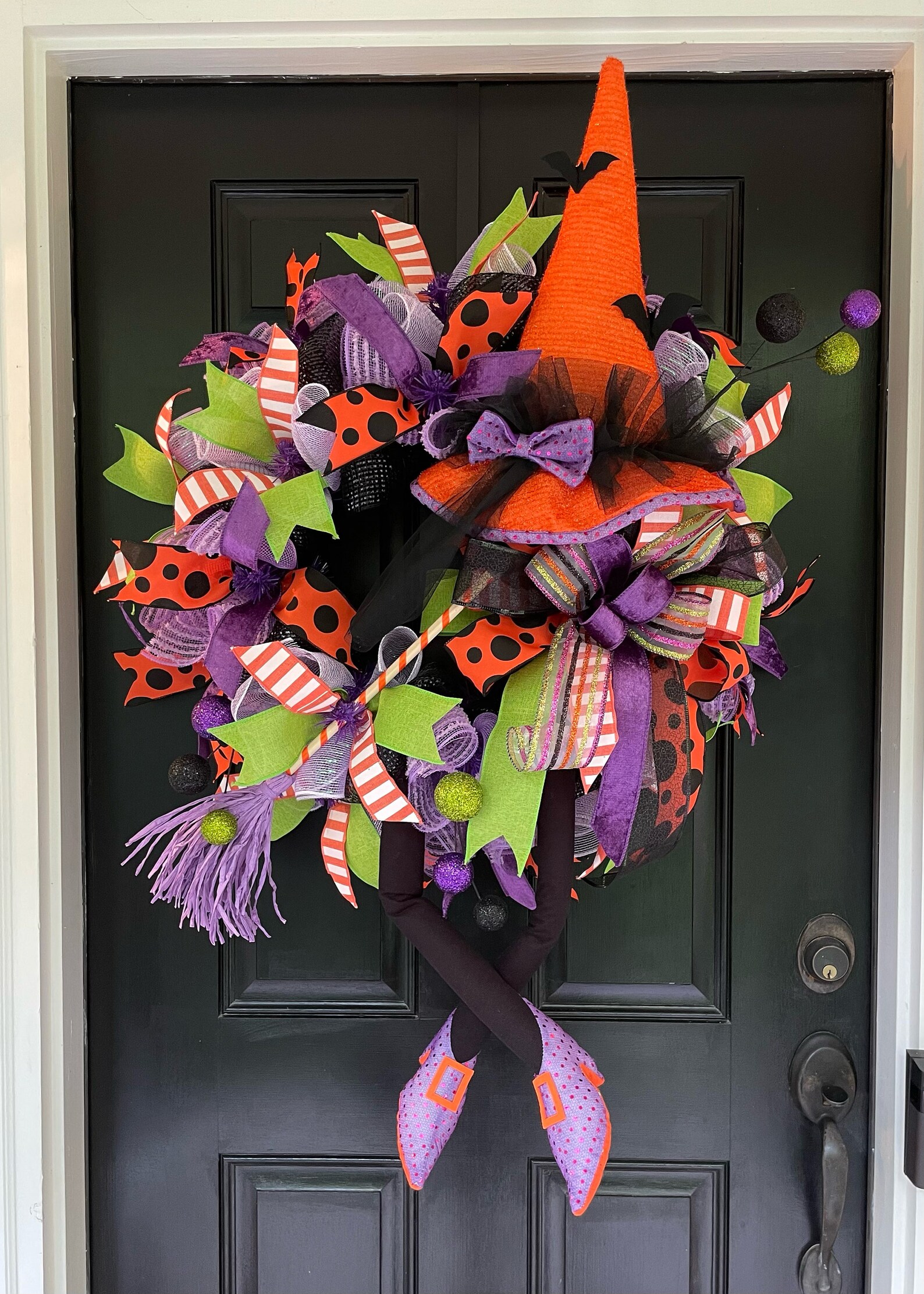 Halloween Witch Hat and Legs Front Door Deco Mesh Wreath; Whimsical ...