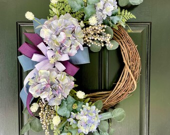 Gorgeous Lavender Hydrangea Front Door Wreath, Purple Hydrangea Grapevine Wreath, Blue/Purple Hydrangea Door Decor, Mother's Day Wreath