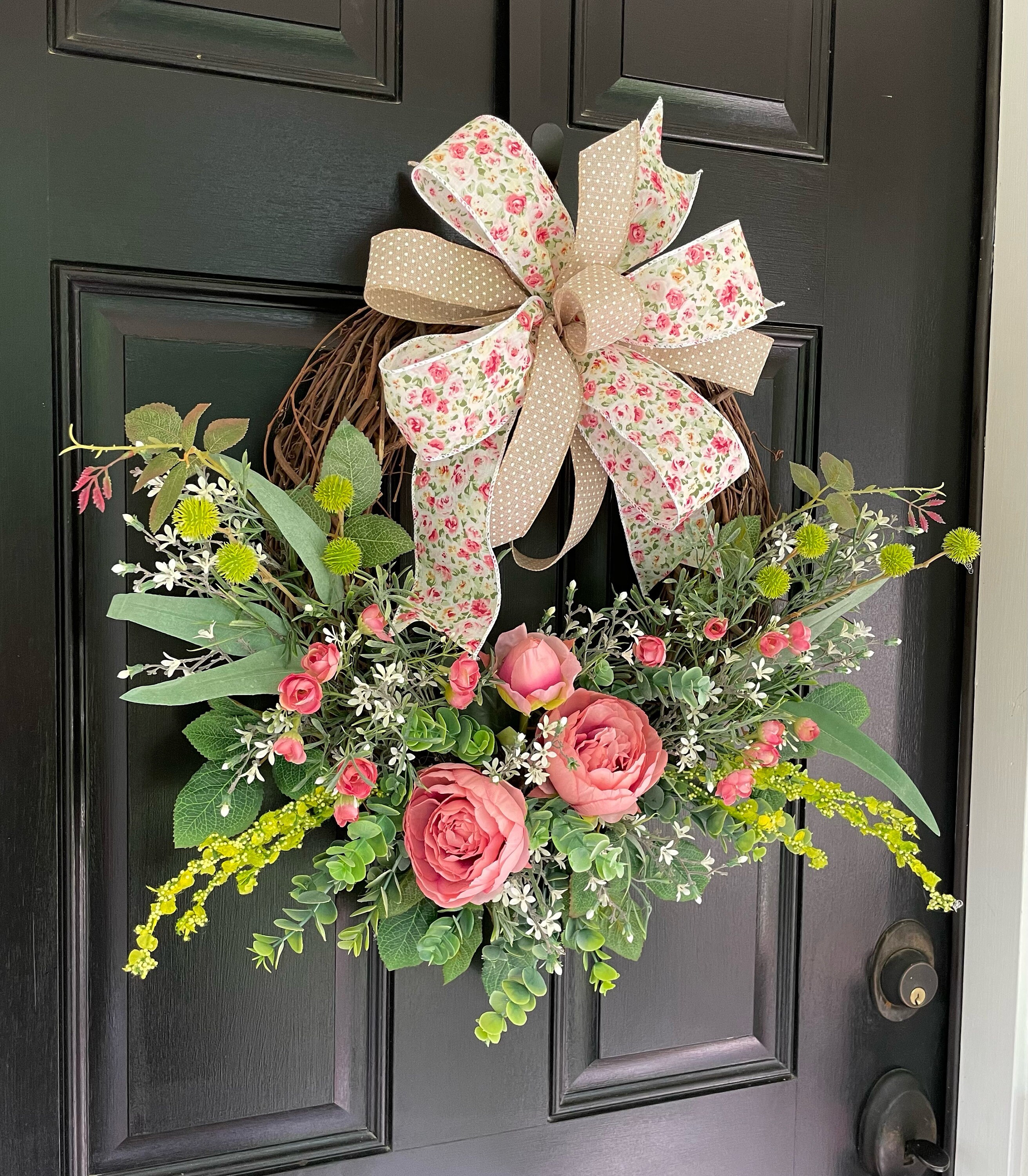 Cottage Style Front Door Wreath, Pink Peonies and Baby Roses Grapevine ...