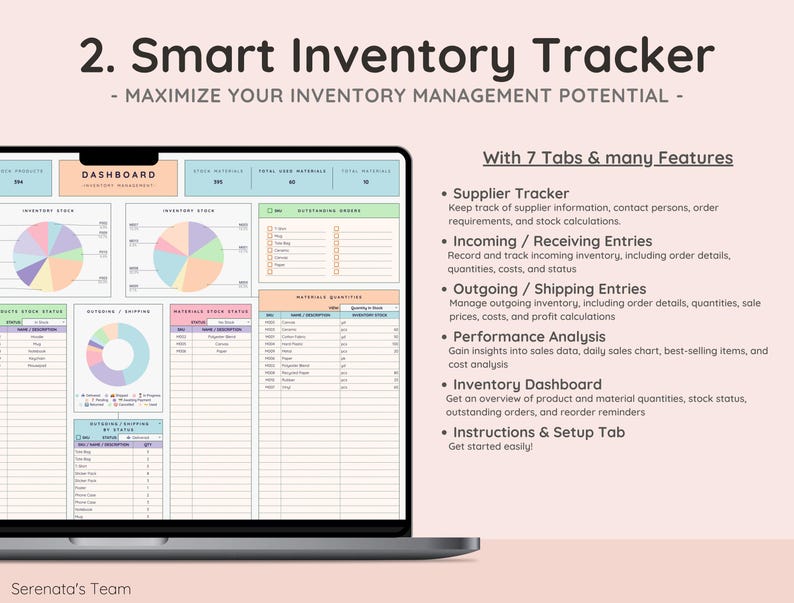 May include: A laptop computer screen displaying a spreadsheet with a colorful pie chart and a list of inventory items. The spreadsheet is titled "Dashboard" and the text "Smart Inventory Tracker" is displayed at the top of the screen. The text "Maximize Your Inventory Management Potential" is displayed below the title. The text "With 7 Tabs & many Features" is displayed below the title. The text "Supplier Tracker, Incoming/Receiving Entries, Outgoing/Shipping Entries, Performance Analysis, Inventory Dashboard, Instructions & Setup Tab" is displayed on the right side of the screen.