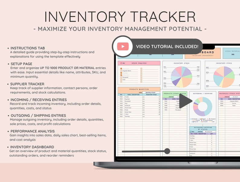 May include: A laptop screen displaying an inventory tracker template. The screen shows various sections for inventory management, including instructions, setup, supplier tracking, and performance analysis. Text on the screen reads "Inventory Tracker" and "Video Tutorial Included!"