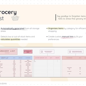 Automatic grocery list tab generated from meal plans and inventory, showing categorized items, calculated quantities, and options for manual customization. Designed to organize shopping efficiently, reduce forgotten items, and reflect real inventory levels while supporting stress-free grocery trips.