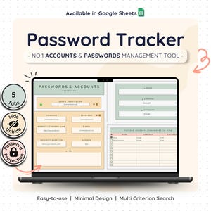 Planilha de registro de senhas digitais, Planilhas Google, Rastreador de contas, Gerenciador de login seguro, Organizador, Modelo, Credencial de segurança online